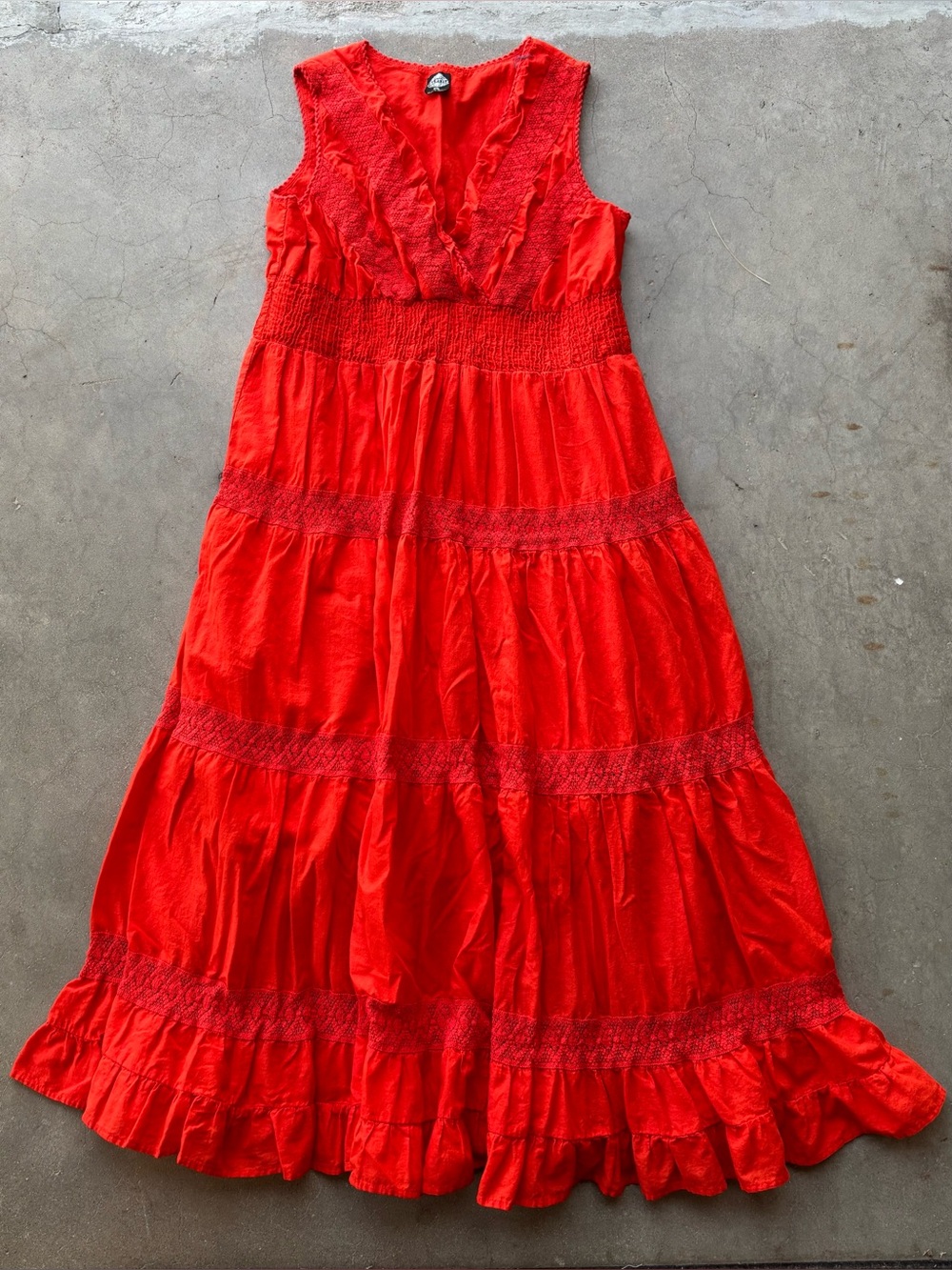 CAL STYLE Women's 2XL Orange Cotton Tiered Maxi Dress Lace Boho Ruffle Crochet T